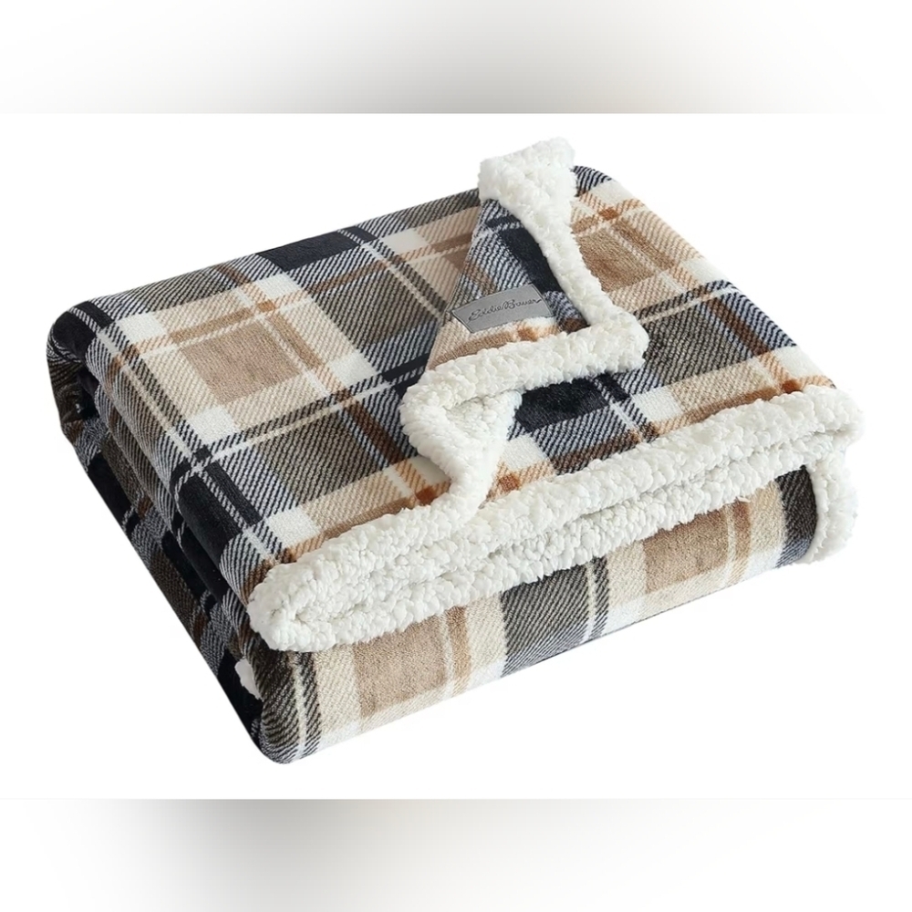 Eddie Bauer Plaid Sherpa Throw Blanket - Black, Tan, and Cream, 50"x60" New!